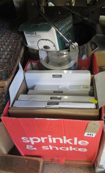 BOX OF PICTURE FRAMES AND TWO LANTERNS ETC Image