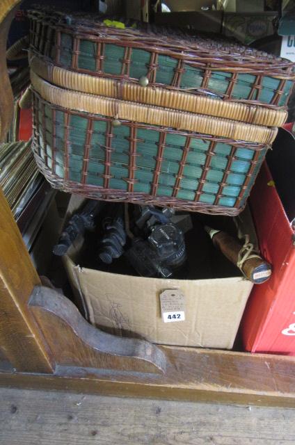 BOX OF CAMERA TRIPODS AND A PICNIC HAMPER Image