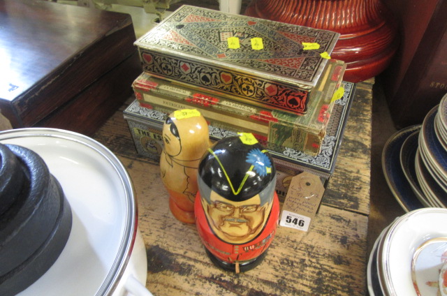 THREE TINS WITH PENCIL SHARPENERS AND RUSSIAN DOLLS Image