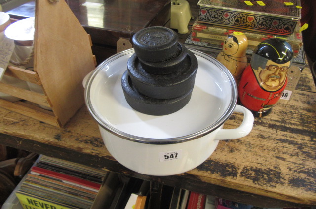 JUDGE ENAMEL COOKING PAN AND GROSS AND SON METAL WEIGHTS Image