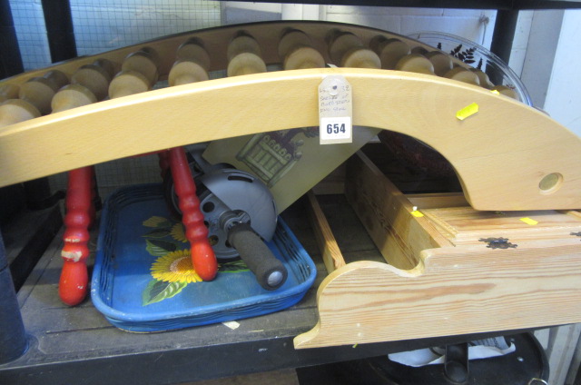 PINE WOODEN WALL SHELF AND STOOL ETC Image