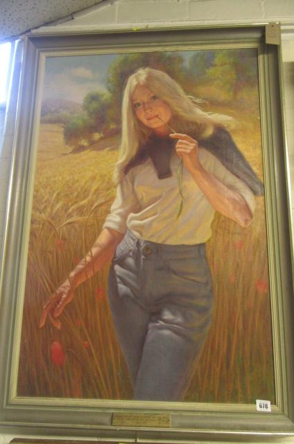OIL ON CANVAS OF LADY IN COUNTRY MEADOW Image