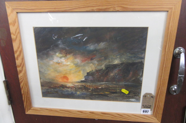 WATERCOLOUR OF SUNSET COASTAL SCENE BY H BEDFORD Image