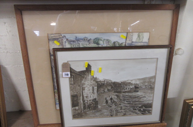 HARBOUR AND NORTHERN TOWN SCENE WATERCOLOURS Image