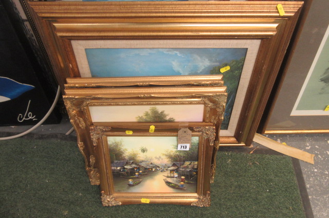 THREE GILT FRAMED OIL PAINTINGS AND ANOTHER Image