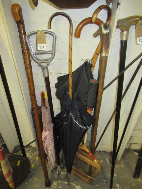 COLLECTION OF PARASOLS SHOOTING STICK AND VINTAGE RACKET Image