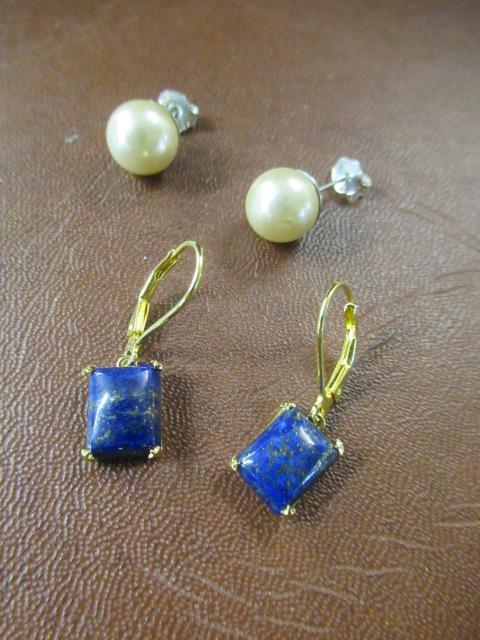 PAIR OF SILVER GILT AND LAPIS LAZULI DROP EARRINGS WITH ANOTHER PAIR Image