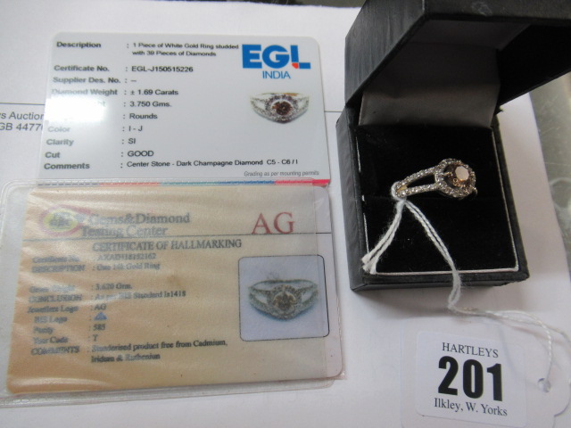 CHAMPAGNE DIAMOND CLUSTER 14CT GOLD RING AND CERTIFICATE Image