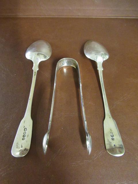 PAIR OF GEORGIAN SILVER TABLE SPOONS AND A PAIR OF VICTORIAN SILVER SUGAR TONGS Image