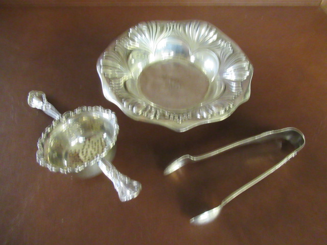 STERLING SILVER TEA STRAINER BOWL AND SUGAR TONGS Image