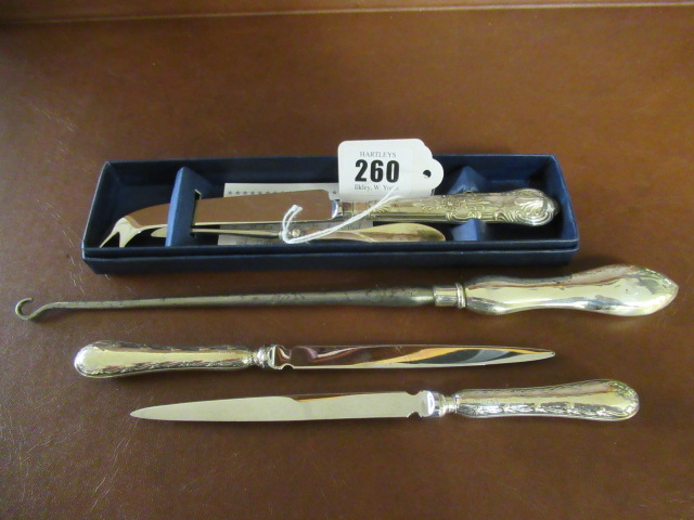 TWO SILVER HANDLED PAPER KNIVES CHEESE KNIFE BUTTON HOOK ETC Image