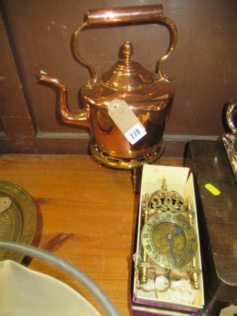 LARGE COPPER KETTLE BRASS TRIVET AND A BRASS CARRIAGE CLOCK Image