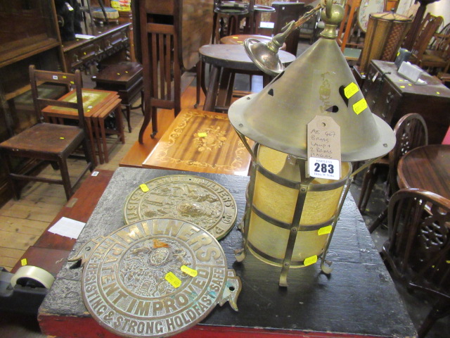 BRASS LAMP AND TWO BRASS PLAQUES Image