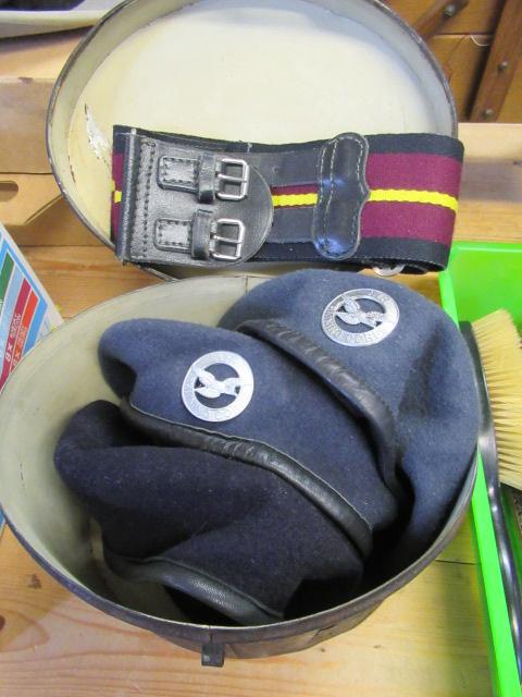 MILITARY TIN HAT BOX WITH BERETS AND BELTS ETC Image