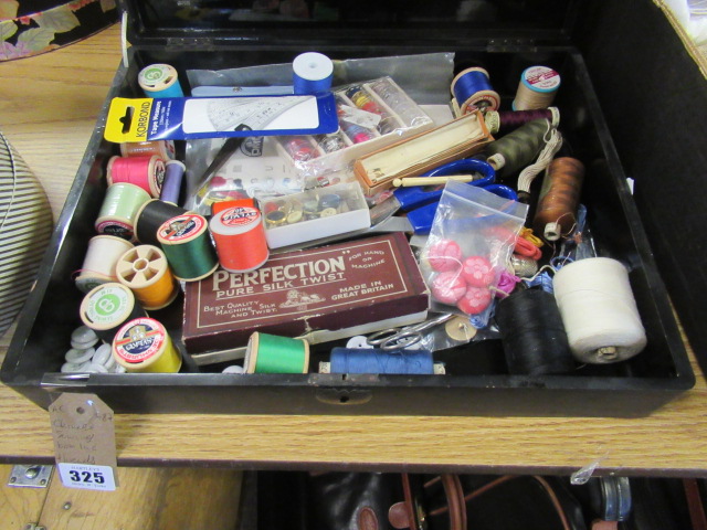 CHINESE SEWING BOX WITH CONTENTS OF THREADS ETC Image