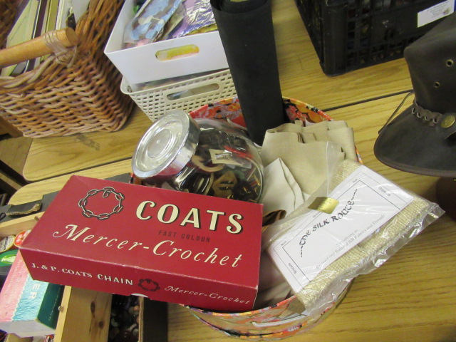 HAT BOX WITH FABRICS BELTS AND BUCKLES ETC Image