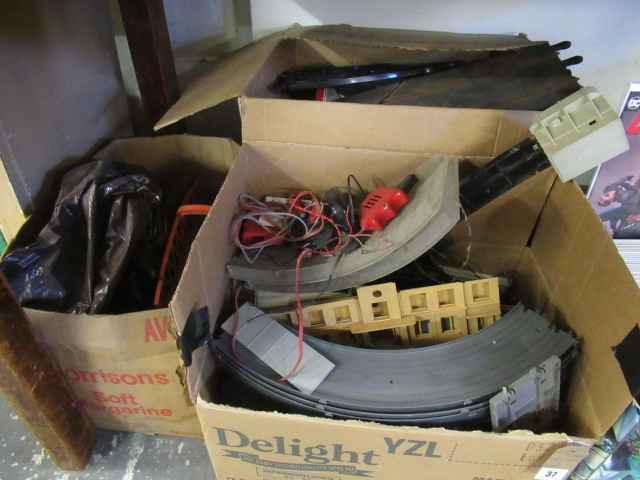 THREE BOXES OF SCALEXTRIC AND MODEL RAILWAY TRACK ETC Image