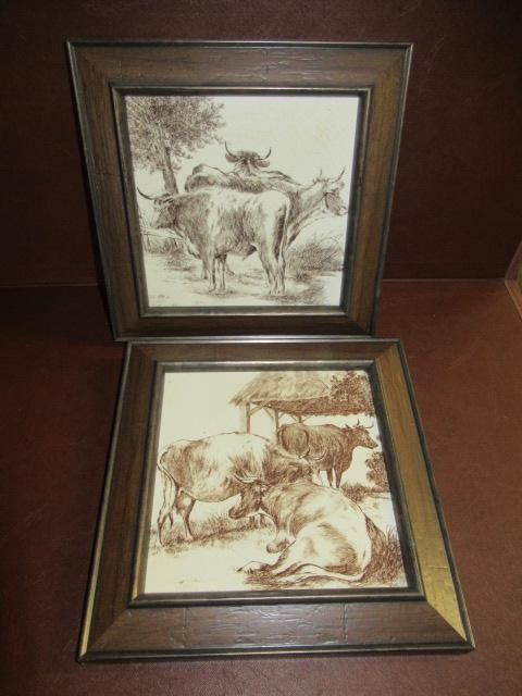 TWO FRAMED TILES DEPICTING CATTLE Image