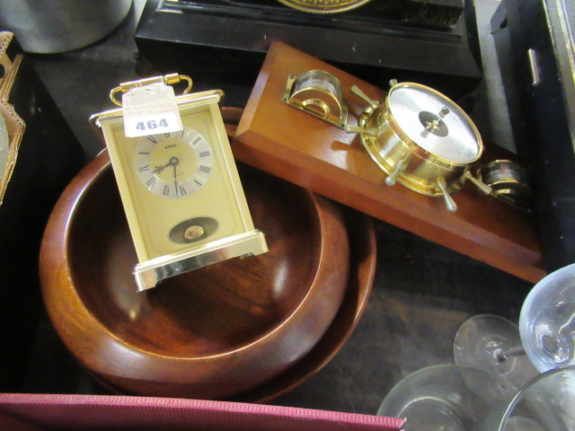 TWO WOODEN BOWLS BAROMETER AND A CLOCK Image