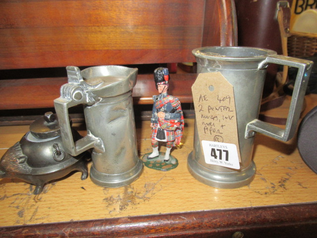 TWO PEWTER MUGS INKWELL AND A SCOTS PIPER Image