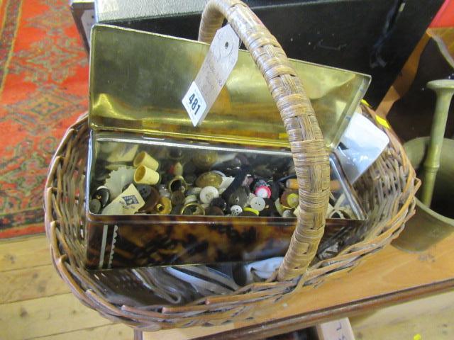 SMALL WICKER BASKET OF SEWING ITEMS AND BUTTONS Image