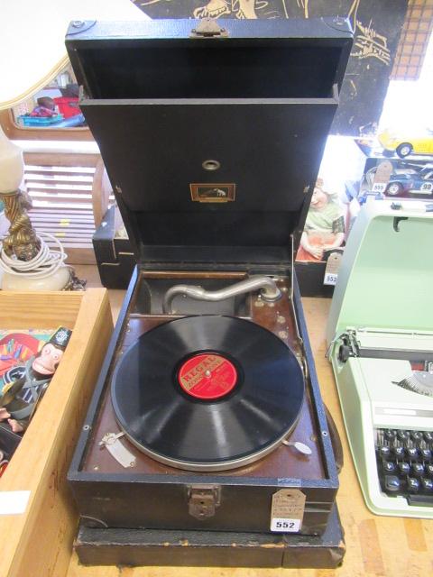 HMV GRAMOPHONE AND CASED 75RPM RECORDS Image