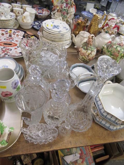 QUANTITY OF GLASS VASES AND DECANTERS ETC Image