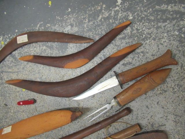 BOX OF BOOMERANGS AND OTHER TRIBAL ITEMS Image
