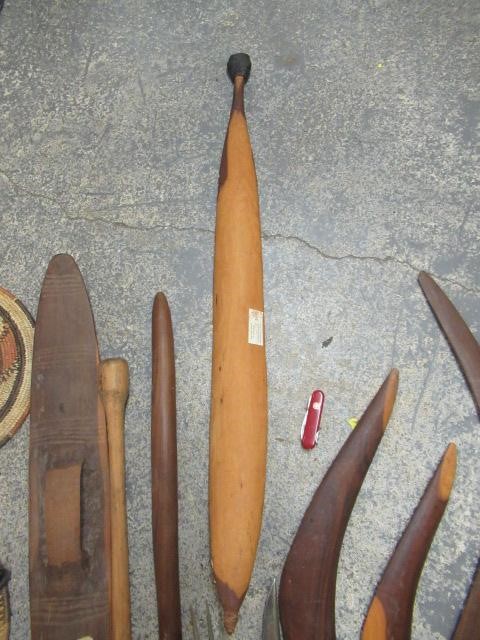BOX OF BOOMERANGS AND OTHER TRIBAL ITEMS Image