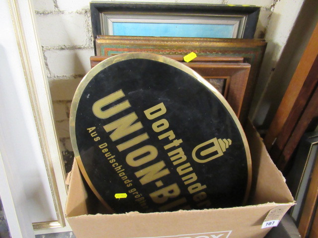 BOX OF PICTURES INCLUDING GERMAN BEER SIGN Image