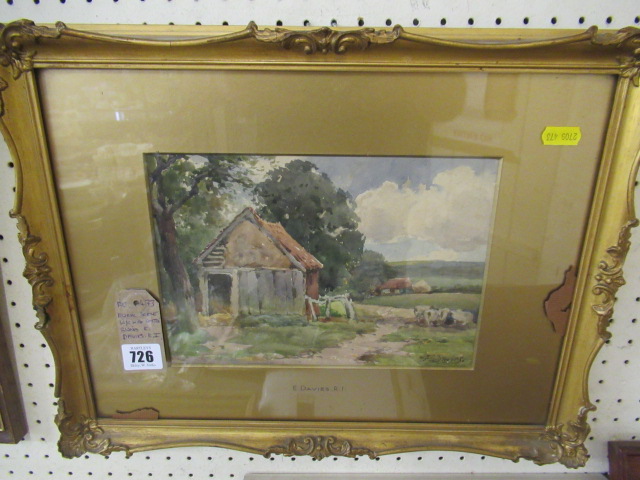 RURAL SCENE WATERCOLOUR WITH CATTLE SIGNED E DAVIES RI Image