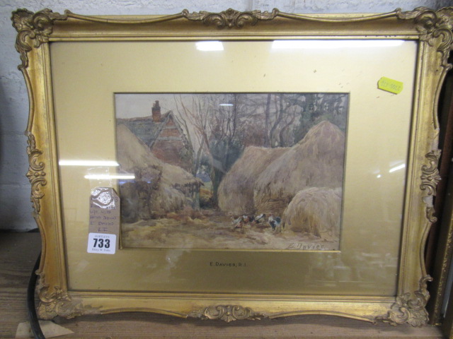 RURAL SCENE WATERCOLOUR WITH HENS SIGNED E DAVIES RI Image