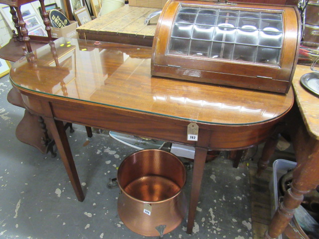 MAHOGANY DEMI LUNE TABLE AND A SMALL OAK GLAZED CORNER CABINET Image