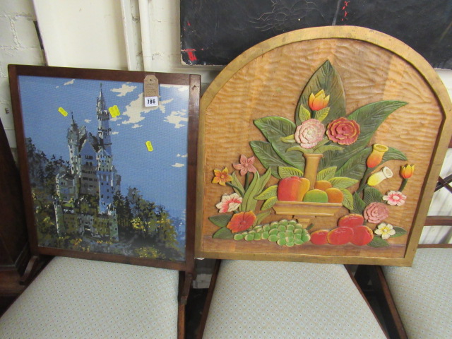 CARVED FLORAL FIRESCREEN AND A TAPESTRY FIRE SCREEN (2) Image