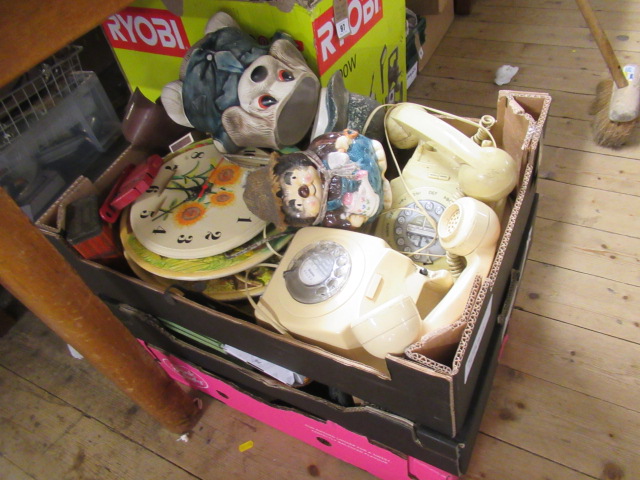 THREE BOXES OF MISCELLANEOUS INCLUDING RETRO TELEPHONES Image