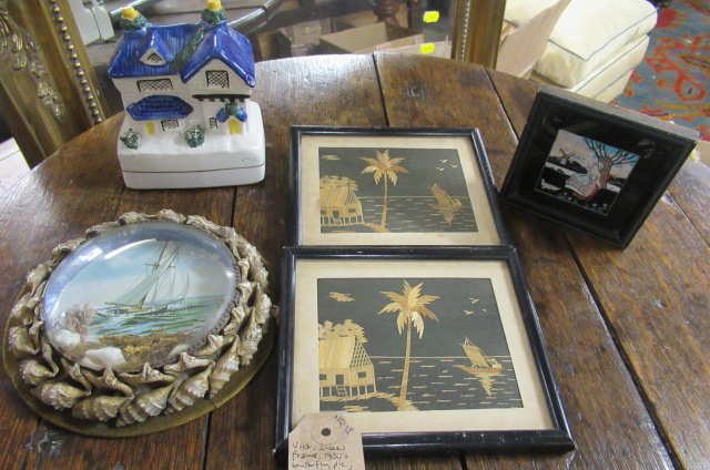 VICTORIAN SHELL FRAME  1930S BUTTERFLY PICTURE  PAIR OF STRAW WORK PICTURES AND STAFFORDSHIRE MONEY Image