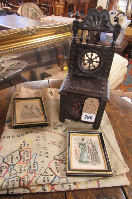 HANNAH SMITH MAP OF ENGLAND SAMPLER     BOX CHAIR AND PAIR OF FASHION PRINTS Image