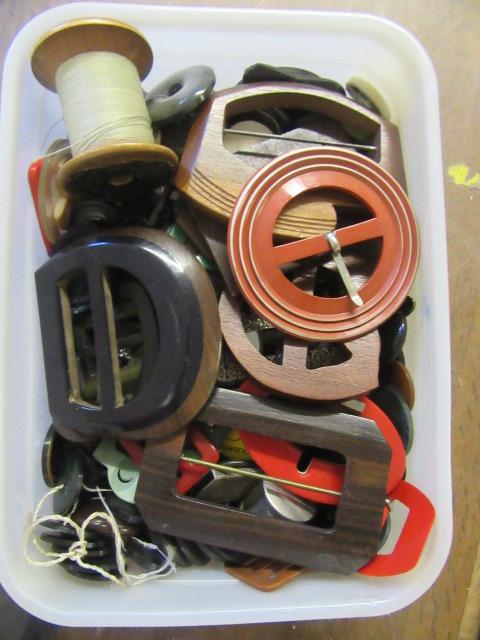 QUANTITY OF BUCKLES  BUTTONS  MARBLES AND SEWING THREAD Image