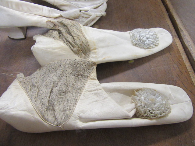 PAIR OF EDWARDIAN KID LEATHER WEDDING BOOTS   PAIR OF SATIN SHOES   PAIR OF WEDDING FLAGS ETC Image