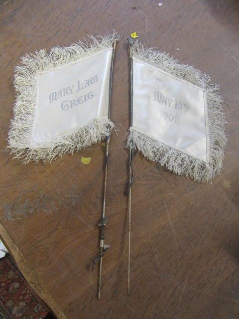 PAIR OF EDWARDIAN KID LEATHER WEDDING BOOTS   PAIR OF SATIN SHOES   PAIR OF WEDDING FLAGS ETC Image