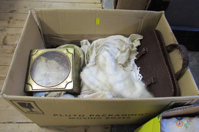 BOX OF LINEN AND LACE  HANDBAG  CHILDS CLOTHING ETC Image