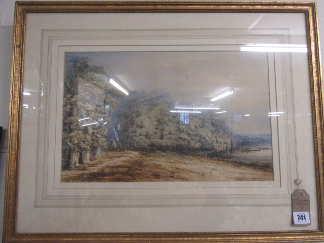 19TH CENTURY WOODED COASTAL SCENE WATERCOLOUR Image