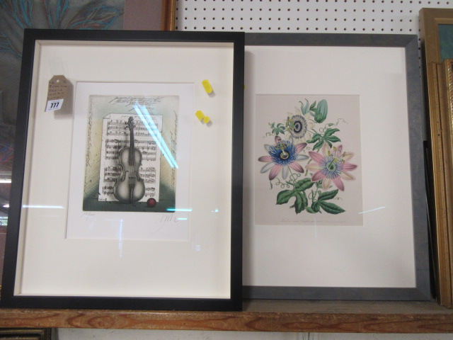 FLORAL PRINT AND A LIMITED EDITION PRINT OF A VIOLIN Image