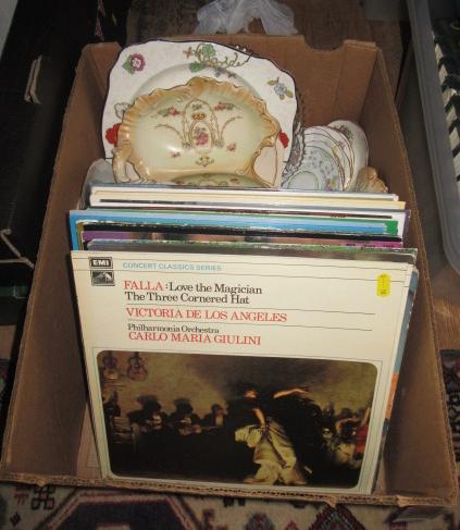 BOX OF LP RECORDS AND DEVON WARE CHINA Image