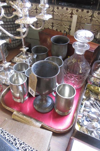 TRAY OF MISCELLANEOUS INCLUDING MAHOGANY CIGAR BOX  PEWTER ETC Image