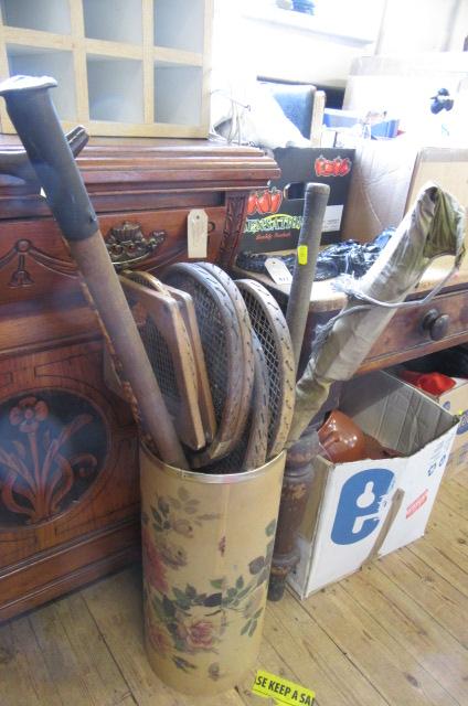STICK STAND AND VINTAGE TENNIS RACKETS Image