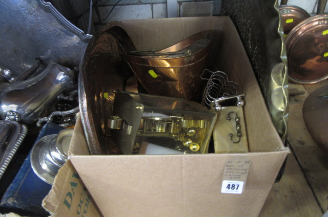 BOX OF METAL WARE INCLUDING CLOCKS AND A TOAST RACK Image