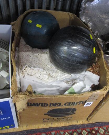 BOX OF LINEN AND BOWLING BALLS Image