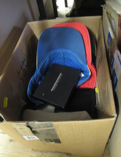 BOX OF CLOTHING INCLUDING HATS AND BELTS ETC Image