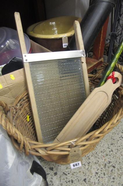 WICKER BASKET  OLD WASH BOARD ETC Image